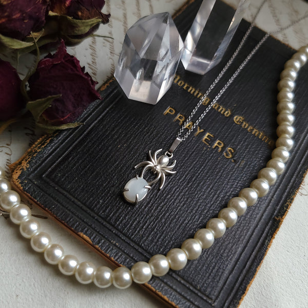 White Moonstone Spider Necklace - Sterling Silver