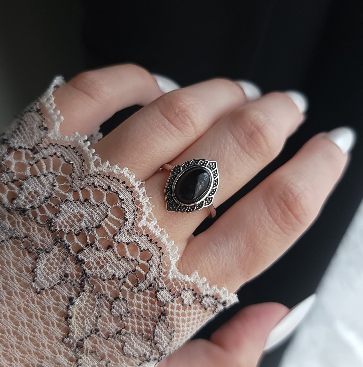 Morrigan - Black Agate Marquise Ring - Sterling Silver Ring