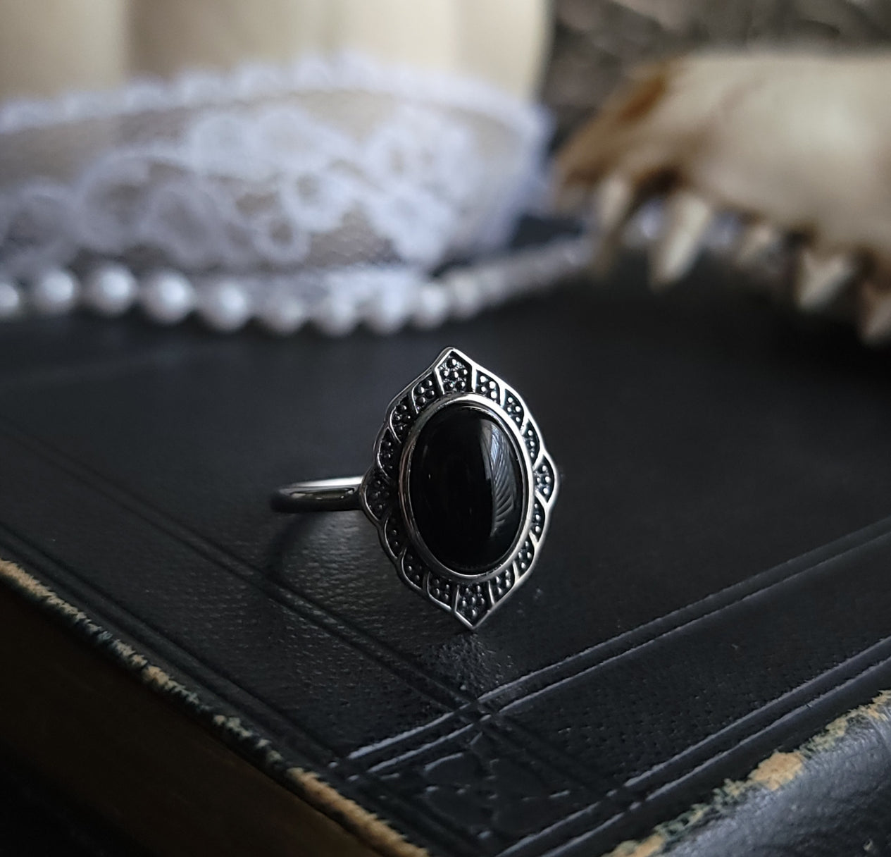 Morrigan - Black Agate Marquise Ring - Sterling Silver Ring