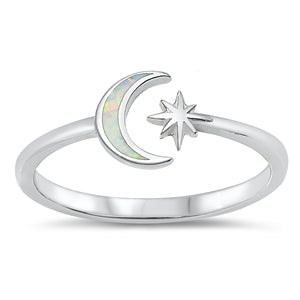 Starry Night Opal Moon and Star Ring - Sterling Silver