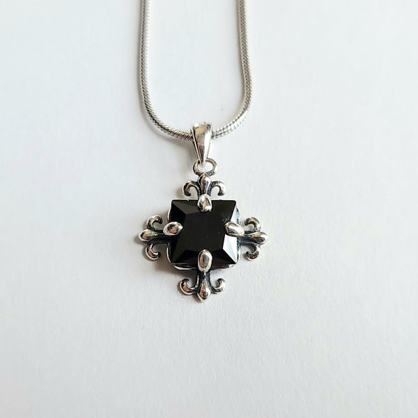 Ambrosia Ornate Cross Gem Necklace - Onyx and Sterling Silver