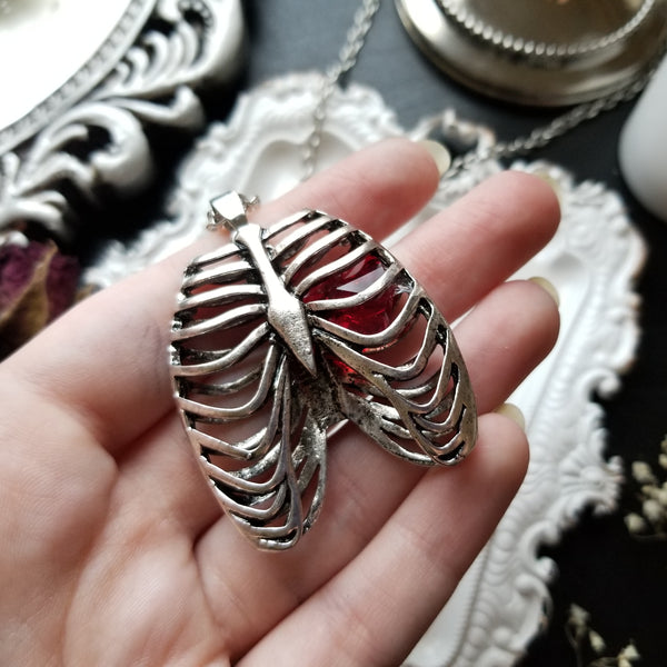 Anatomical Rib Cage Necklace with Crystal Heart - Stainless Steel