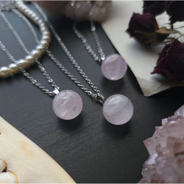 Small Rose Quartz Crystal Ball Necklace - Silver