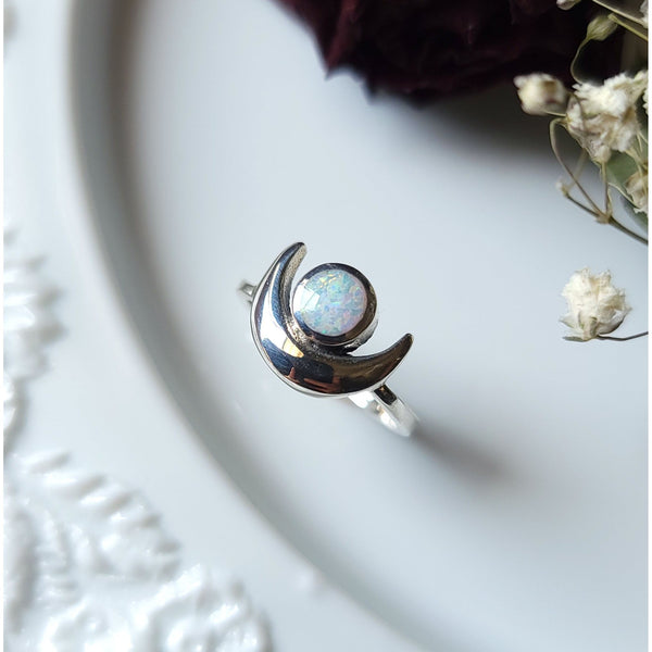 Luna Crescent Moon Opal Ring - Sterling Silver Ring