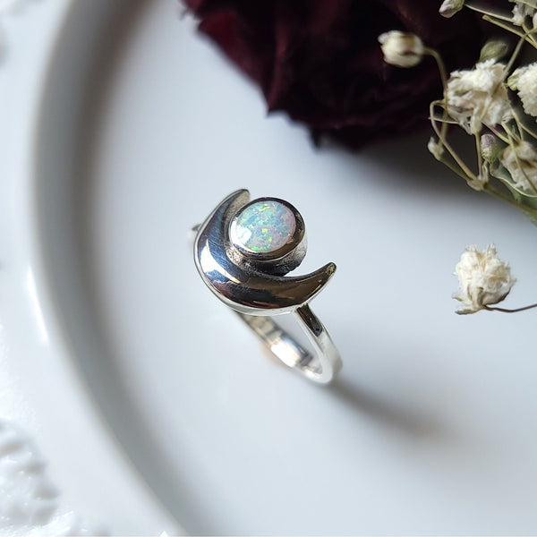 Luna Crescent Moon Opal Ring - Sterling Silver Ring