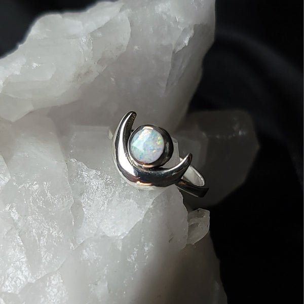 Luna Crescent Moon Opal Ring - Sterling Silver Ring
