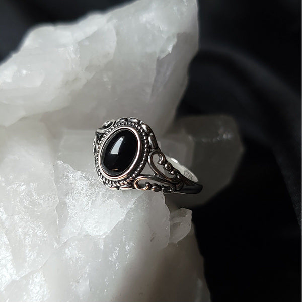 Agatha Black Agate Ornate Ring - Sterling Silver Ring