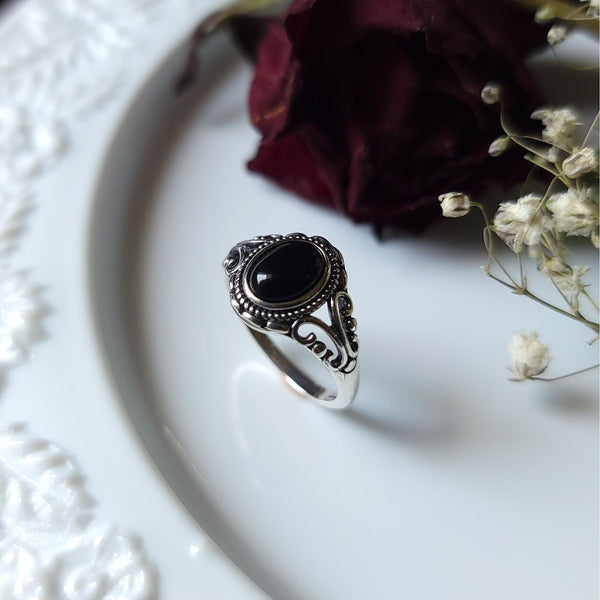 Agatha Black Agate Ornate Ring - Sterling Silver Ring