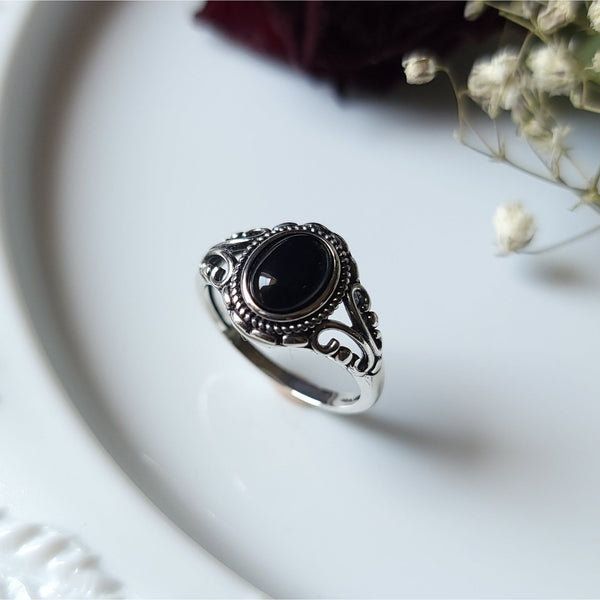 Agatha Black Agate Ornate Ring - Sterling Silver Ring