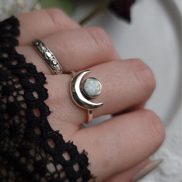 Luna Crescent Moon Opal Ring - Sterling Silver Ring