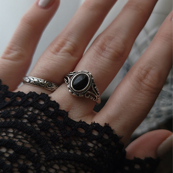 Agatha Black Agate Ornate Ring - Sterling Silver Ring