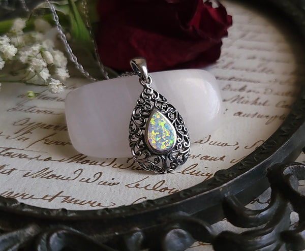 Opal Filigree Teardrop Necklace Sterling Silver