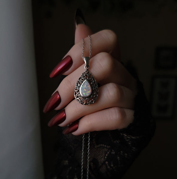 Opal Filigree Teardrop Necklace Sterling Silver