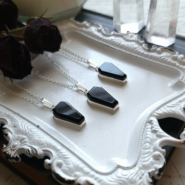 Crystal Coffin Necklace - Sterling Silver Obsidian