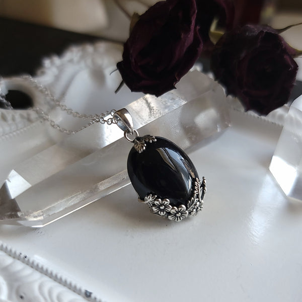 Gothic Garden Necklace - Sterling Silver Obsidian