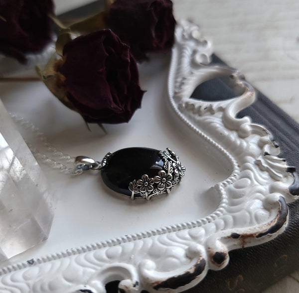 Gothic Garden Necklace - Sterling Silver Obsidian