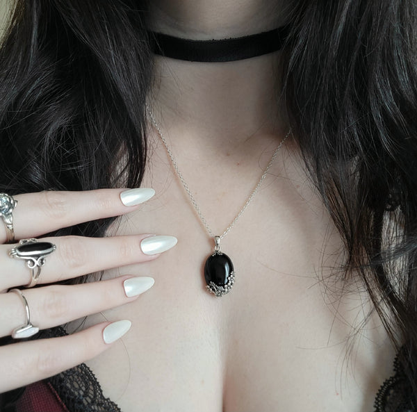 Gothic Garden Necklace - Sterling Silver Obsidian