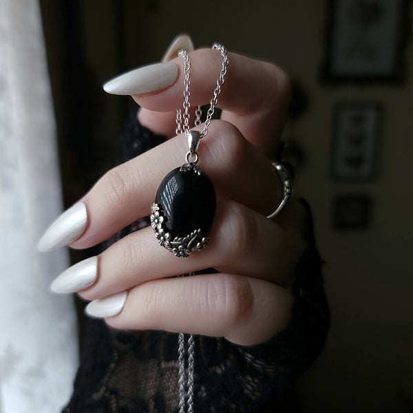 Gothic Garden Necklace - Sterling Silver Obsidian