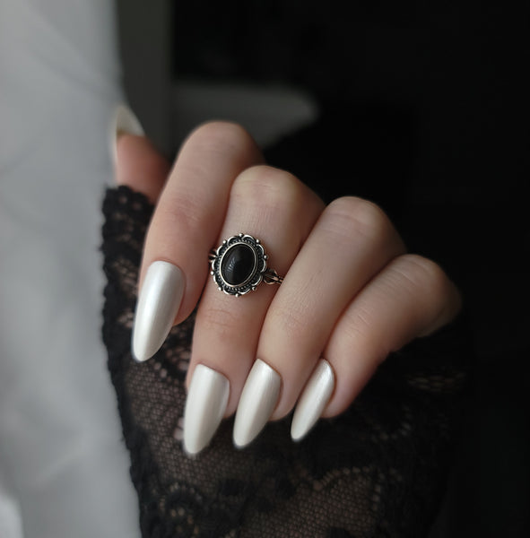 Dahlia - Black Agate Ornate Ring - Sterling Silver Ring