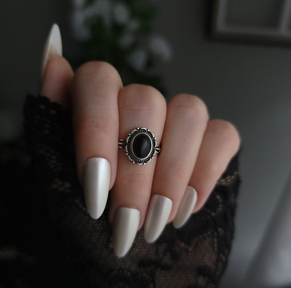 Dahlia - Black Agate Ornate Ring - Sterling Silver Ring