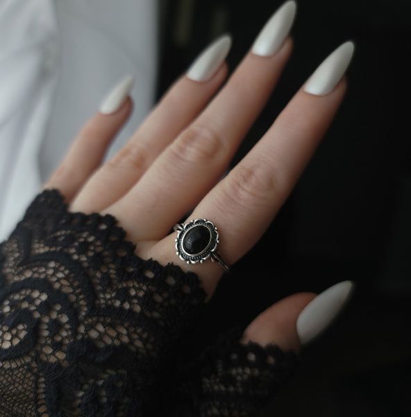 Dahlia - Black Agate Ornate Ring - Sterling Silver Ring