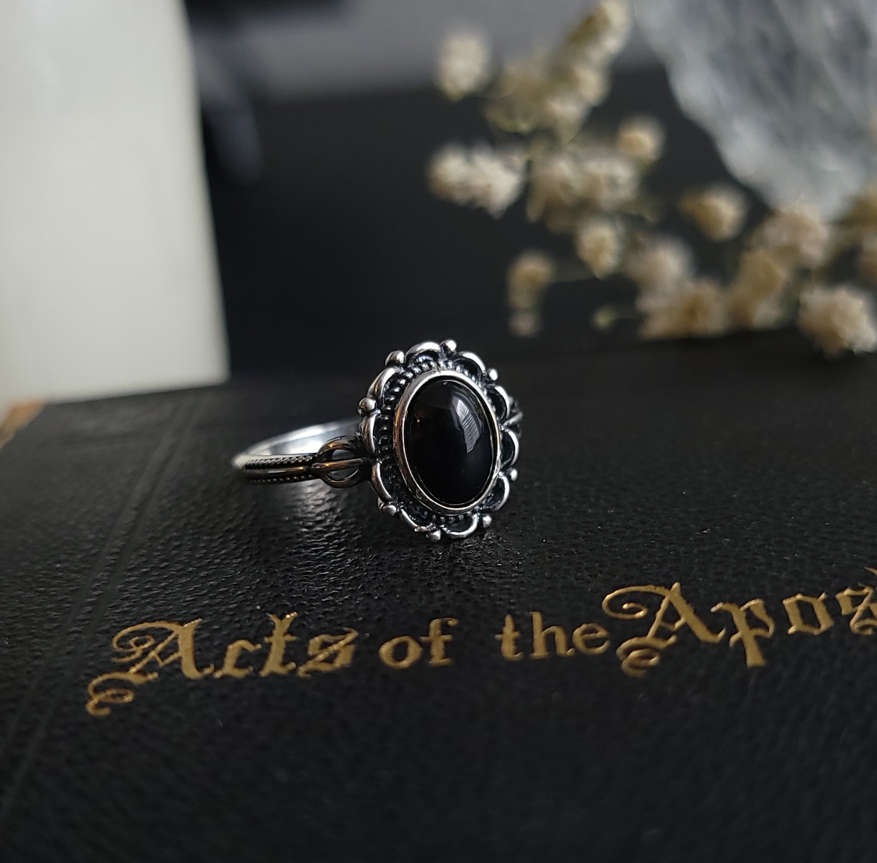 Dahlia Black Agate Ornate Ring Sterling Silver Ring 8