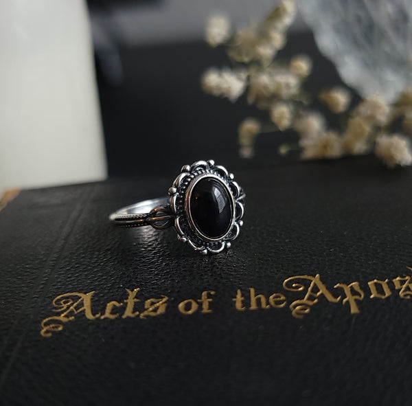 Dahlia - Black Agate Ornate Ring - Sterling Silver Ring