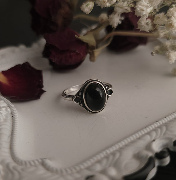 Nox - Black Agate Ornate Ring - Sterling Silver Ring