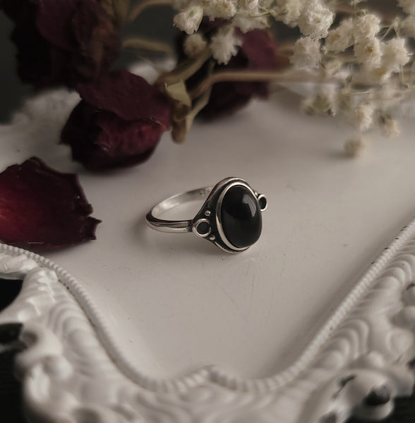 Nox - Black Agate Ornate Ring - Sterling Silver Ring