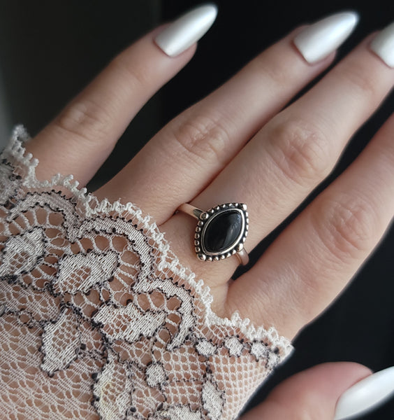 Sadie - Black Agate Marquise Ring - Sterling Silver Ring