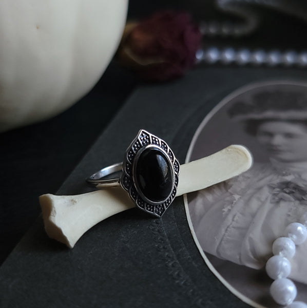 Morrigan - Black Agate Marquise Ring - Sterling Silver Ring