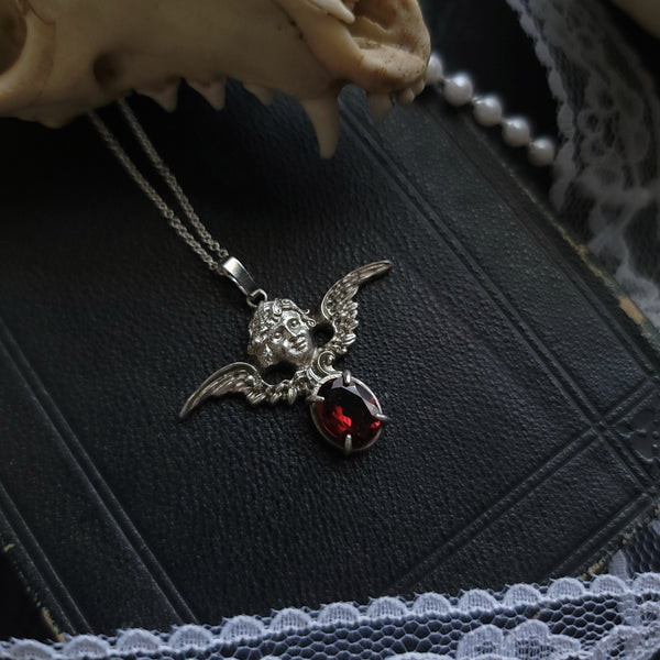 Cherubim - Sterling Silver Angel Necklace with Garnet
