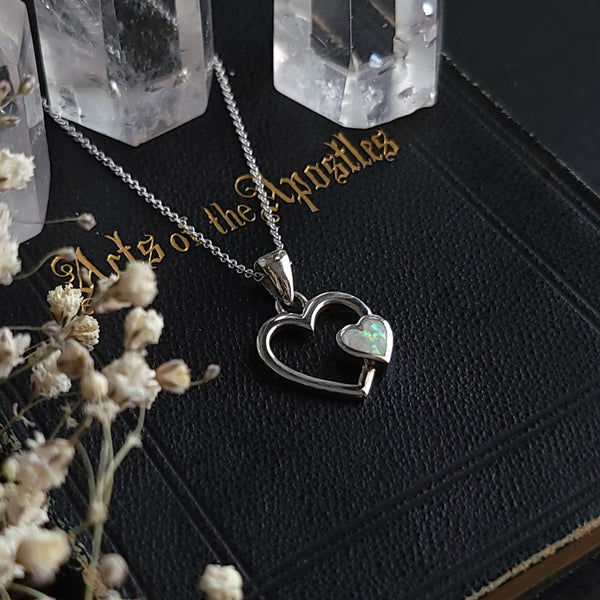 Sterling Silver Heart with White Opal Necklace