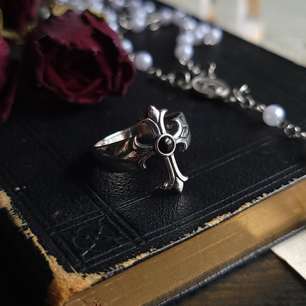 Medieval Cross Ring Agate Ring Sterling Silver