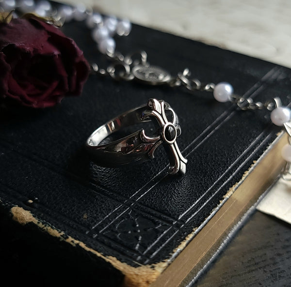 Medieval Cross Ring Agate Ring Sterling Silver