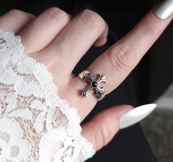 Medieval Cross Ring Agate Ring Sterling Silver