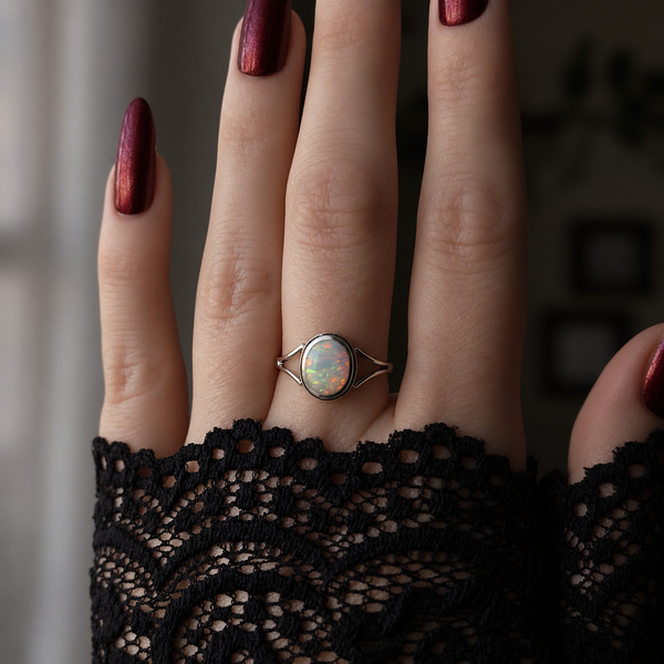 Aurora opal ring styled with a lace sleeve.
