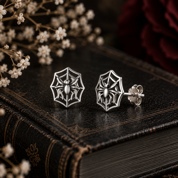 A pair of silver spider web stud earrings displayed on a dark vintage book, with small white flowers and a dark red rose in the background.
