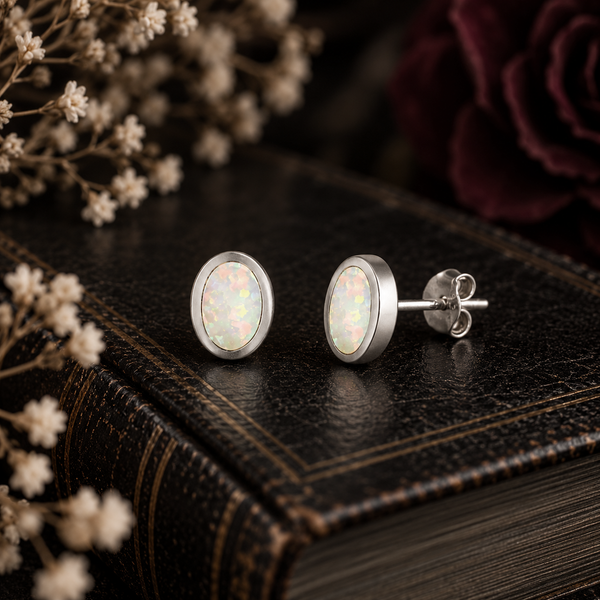 A pair of oval stud earrings with iridescent white opal centers and silver-toned settings, displayed on a dark textured book with dried flowers in the background.