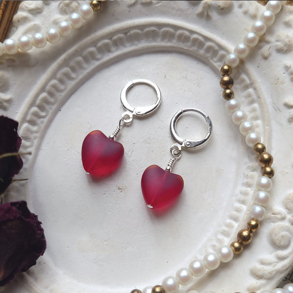 Glass Heart Earrings Sterling Silver