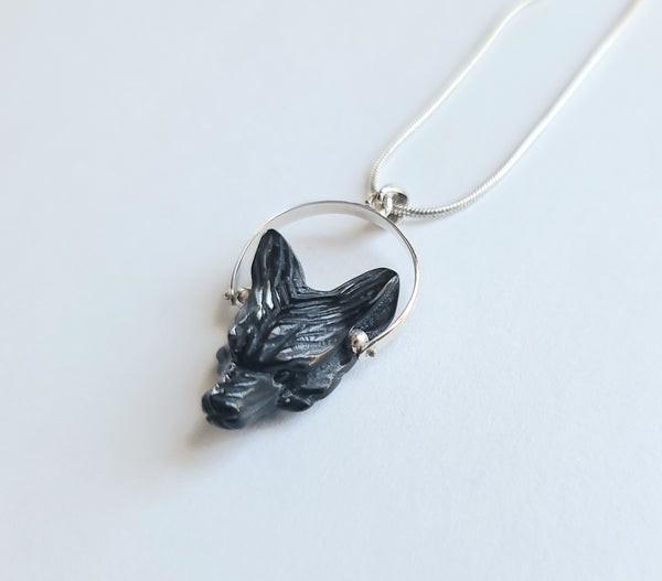 Obsidian Wolf Head Necklace - Sterling Silver