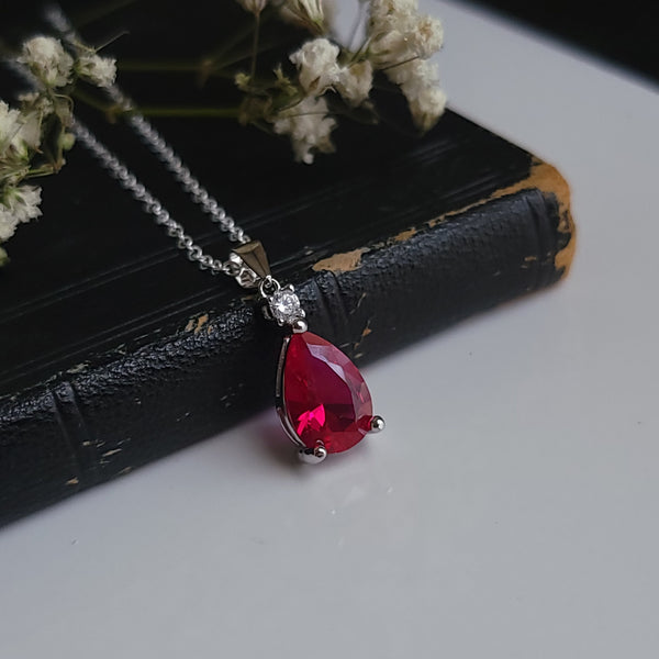Vampira - Ruby Blood Drop Necklace Sterling Silver and Cubic Zirconia