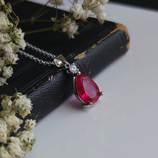 Vampira - Ruby Blood Drop Necklace Sterling Silver and Cubic Zirconia