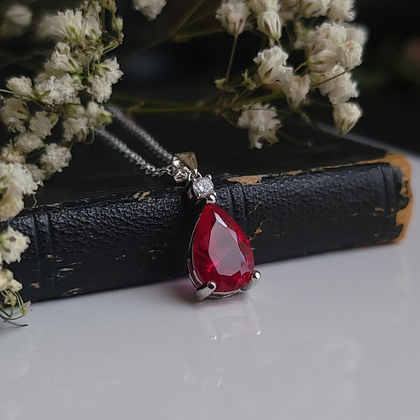 Vampira - Ruby Blood Drop Necklace Sterling Silver and Cubic Zirconia