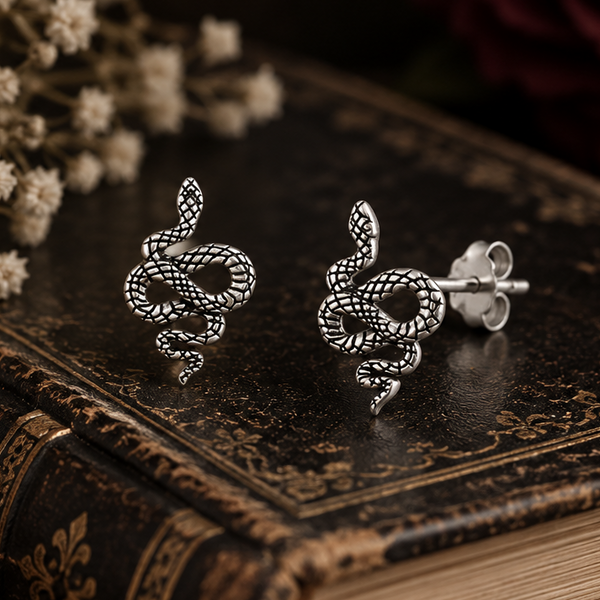 A pair of silver snake stud earrings with textured scales, displayed on an antique dark brown book with dried flowers in the background.