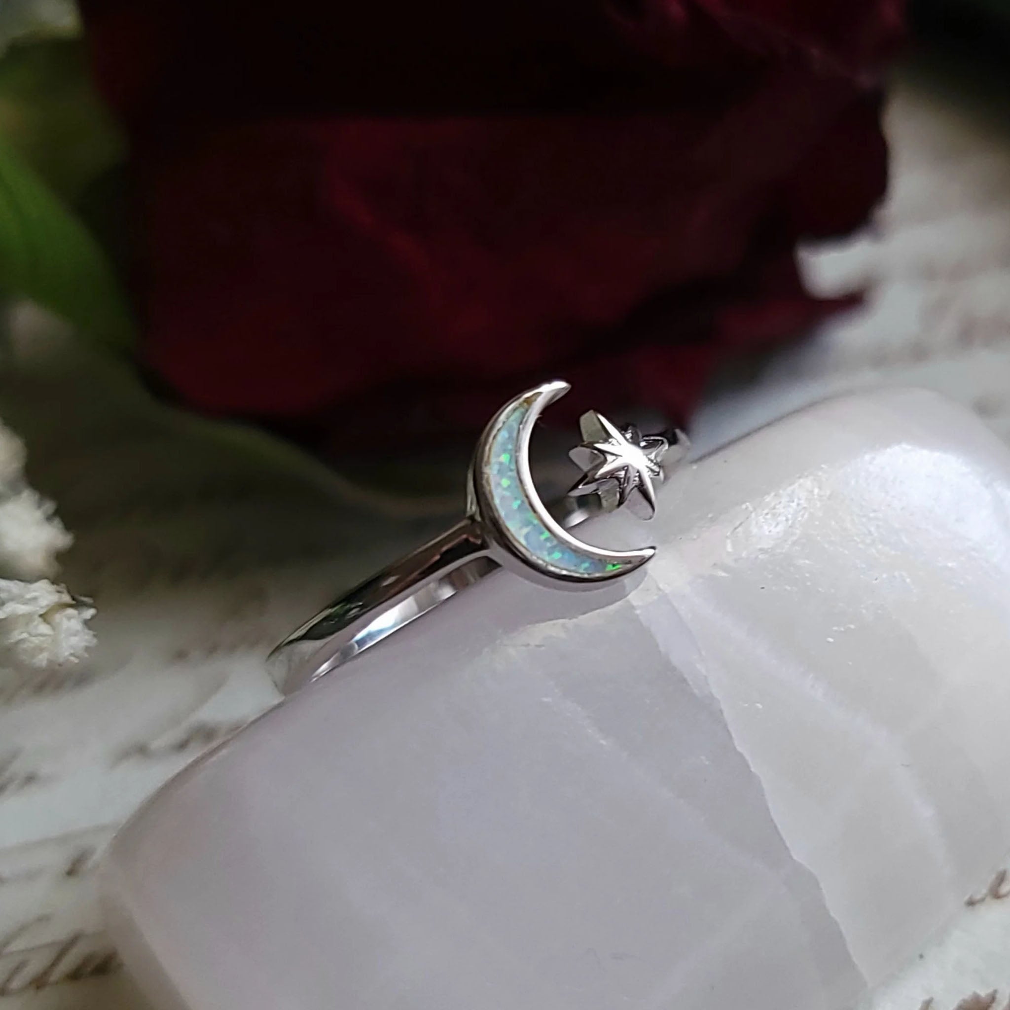 Starry Night Opal Moon and Star Ring Sterling Silver