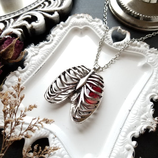 Anatomical Rib Cage Necklace with Crystal Heart - Stainless Steel