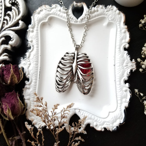 Anatomical Rib Cage Necklace with Crystal Heart - Stainless Steel