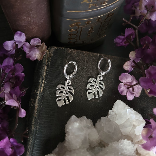 Monstera Leaf Huggie Hoop Earrings Silver - Small Silver Hoop Earrings