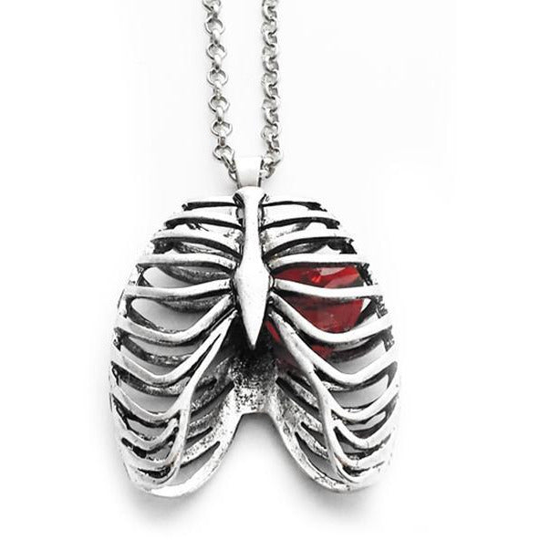Anatomical Rib Cage Necklace with Crystal Heart - Stainless Steel